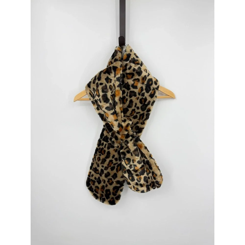 UGG Leopard Faux Fur Hooded Scarf Women OS Tan Brown Animal Print Luxury